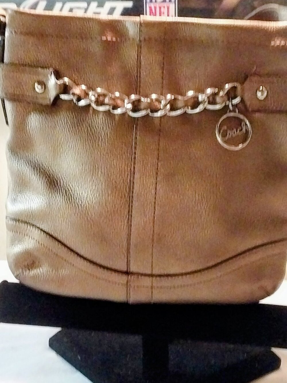 Bronze Coach F19722 Chain Duffle Pebbled Leather Crossbody Purse 11X11X3